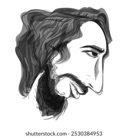 ilustração de uma imagem caricatural de um homem com cabelo longo e uma barba sobre um fundo branco