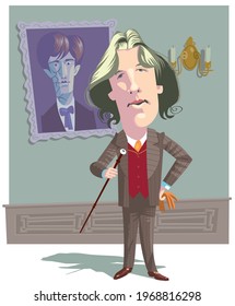 Illustration, caricature of the writer Oscar Wilde in the interior, against the background of the portrait of Dorian Gray.