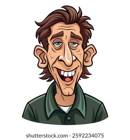 Illustration of a caricatured man with a big smile, large ears, and a prominent nose, wearing a simple green buttoned shirt, perfect for humorous projects