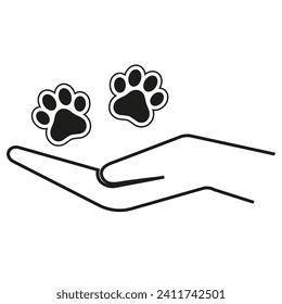 Illustration of caring for animals.Human hand with dog paws on a white background.