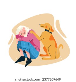 Illustration of a caring dog comforting a sad woman by placing its paw on her shoulder. A heartwarming moment of emotional support and companionship