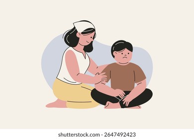 Illustration of Caring Mother Comforts Her Disgruntled Son