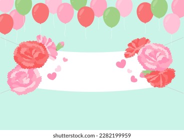 Illustration of carnation banner and balloons.