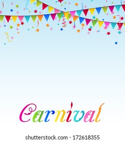 Illustration carnival background with flags, confetti, text  - vector