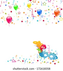 Illustration carnival background with mask, confetti, balloons  - vector