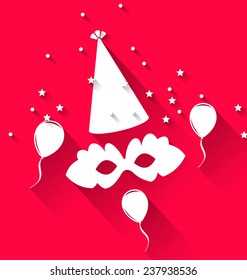 Illustration Carnival background with party hat, balloons, and mask - vector