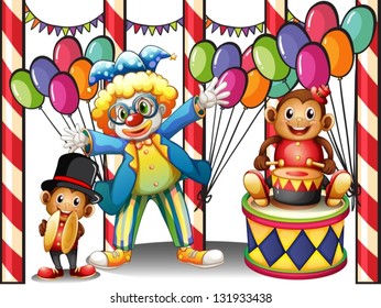 Illustration of a carnival with a clown and monkeys on a white background