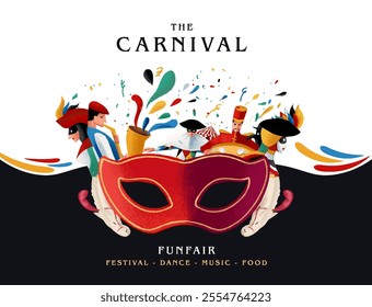 illustration of carnival festival with harlequin mask circus music dance in vintage style