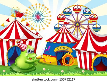 Illustration of a carnival with a green three-eyed monster
