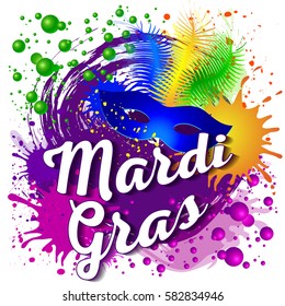 Illustration of Carnival Mardi Gras. Multicolors. Calligraphy and Typography Card. Lights and Feathers. Holiday poster or placard template