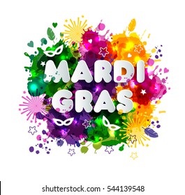 Illustration von Karneval Mardi Gras auf mehrfarbigen Aquarellfarben, Farben der Mardi Gras. Karneval, Aquarellfarben. Frühling, handgezeichnete Farbe. Text von Papierstil.