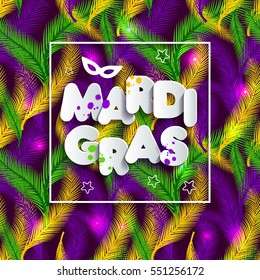 Illustration of Carnival Mardi gras on multicolors feathers,colors of the Mardi Gras. Text of paper style on seamless pattern.