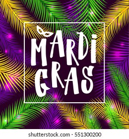 Illustration of Carnival Mardi gras on multicolors feathers,colors of the Mardi Gras. Hand drawn lettering.