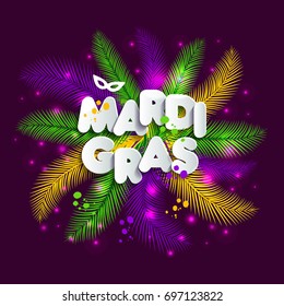 Illustration of Carnival Mardi gras on multicolors feathers,colors of the Mardi Gras. Text of paper style.