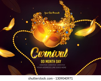 illustration of carnival mask with feathers. Beautiful concept design for greeting card, party invitation, banner or flyer with blue black background