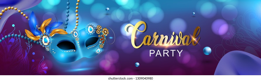 illustration of carnival mask with feathers. Beautiful concept design for greeting card, party invitation, banner or flyer with blue black background