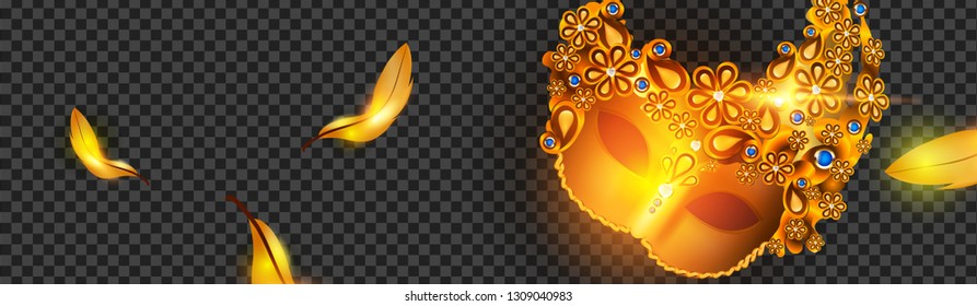illustration of carnival mask with feathers. Beautiful concept design for greeting card, party invitation, banner or flyer with blue black background