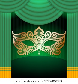 Illustration with carnival mask on the background of theatrical scenes and curtain. Can be used as a background for text