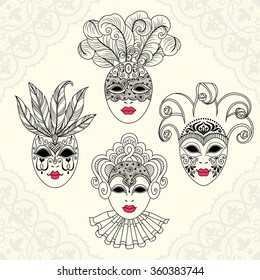 Illustration of a carnival mask. Vintage set.