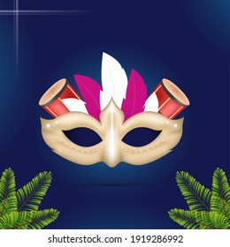 Illustration Of Carnival Mask Wih Conga Drum Instruments And Spruce Leaves On Blue Background.