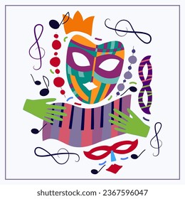 An illustration with carnival masks, gloves, piano keys, sheet music, violin keys and beads. Carnival. masquerade, Mardi Gras, theater. A party. For the poster, banner. the flyer. invitation flyers