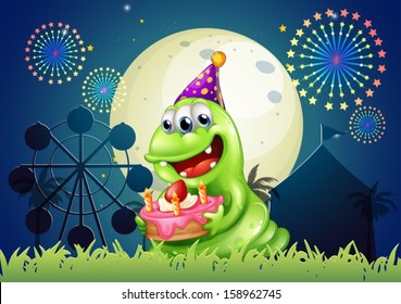 Illustration of a carnival with a monster holding a cake