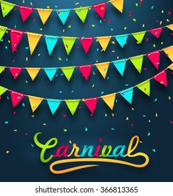 Illustration Carnival Party Dark Background with Colorful Bunting Flags - Vector