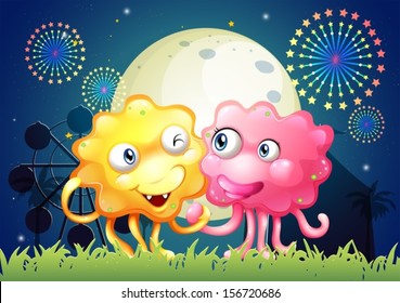 Illustration of a carnival with a pink and a yellow monster