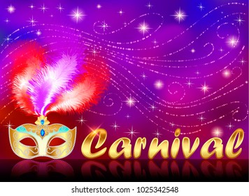 Illustration of carnival poster with gold mask with rhinestones