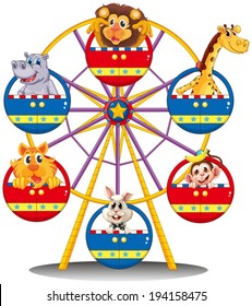 Illustration of a carnival ride with animals on a white background