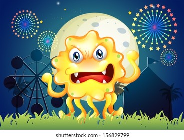 Illustration of a carnival with a scary yellow monster
