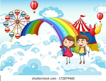 Illustration of a carnival in the sky with a rainbow