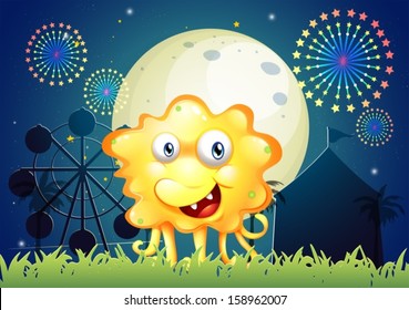 Illustration of a carnival with a smiling monster near the grass