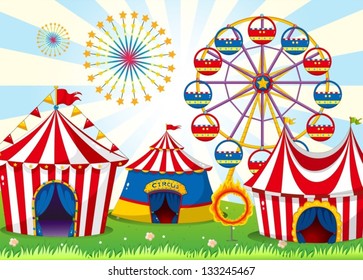 Illustration of a carnival with stripe tents