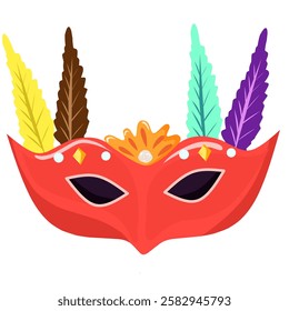 Illustration of a carnival toy mask adorned with feather and jeweled accessories