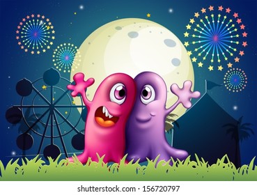 Illustration of a carnival with two one-eyed monsters