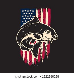 Illustration of carp fish of background of usa flag in grunge style. Design element for poster,card, banner, sign, emblem. Vector illustration