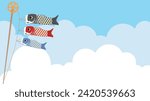 Illustration of carp, scarlet carp, and baby carp swimming in the sky, blue sky, and white clouds.