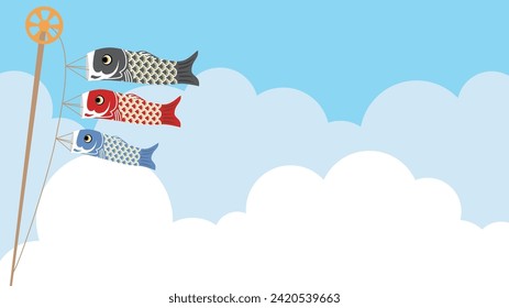 Illustration of carp, scarlet carp, and baby carp swimming in the sky, blue sky, and white clouds.