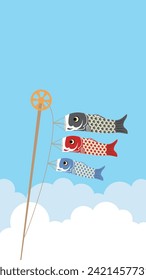 Illustration of carp, scarlet carp, and baby carp swimming in the sky, blue sky, and white clouds.