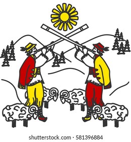 illustration of the Carpathians and the men in the Ukrainian style.