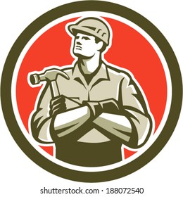 Illustration of a carpenter builder with arms crossed holding hammer set inside circle round shape on isolated background. 