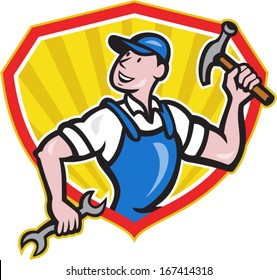 Illustration of a carpenter builder construction worker with hammer in one hand and spanner wrench in the other looking to side set inside shield done in cartoon style.