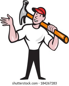 Illustration of a carpenter builder construction worker with hammer looking to side set inside circle done in cartoon style.