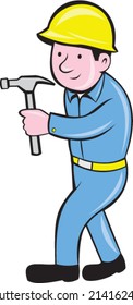 Illustration of a carpenter builder construction worker walking with hammer looking to side on isolated white background done in cartoon style.