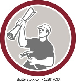 Illustration of a carpenter builder holding hammer and building plan set inside circle shape on isolated background. 