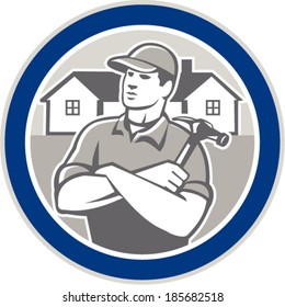 Illustration of a carpenter builder holding hammer with residentail houses set inside circle on isolated background. 