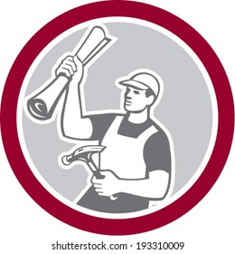 Illustration of a carpenter builder holding hammer and building plan blue print on isolated background. 