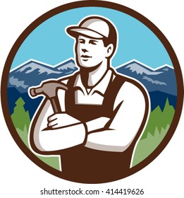 Illustration of a carpenter builder wearing hat holding hammer with arms crossed looking to the side viewed from front set inside circle with mountains in the background done in retro style. 
