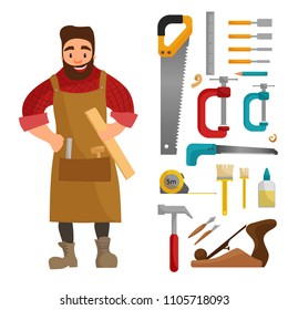 
Illustration of a carpenter and his tools.